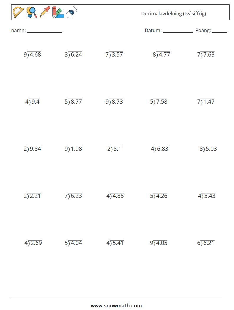(25) Decimalavdelning (tvåsiffrig) Matematiska arbetsblad 2