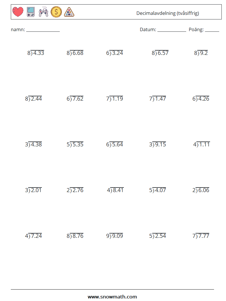 (25) Decimalavdelning (tvåsiffrig) Matematiska arbetsblad 9