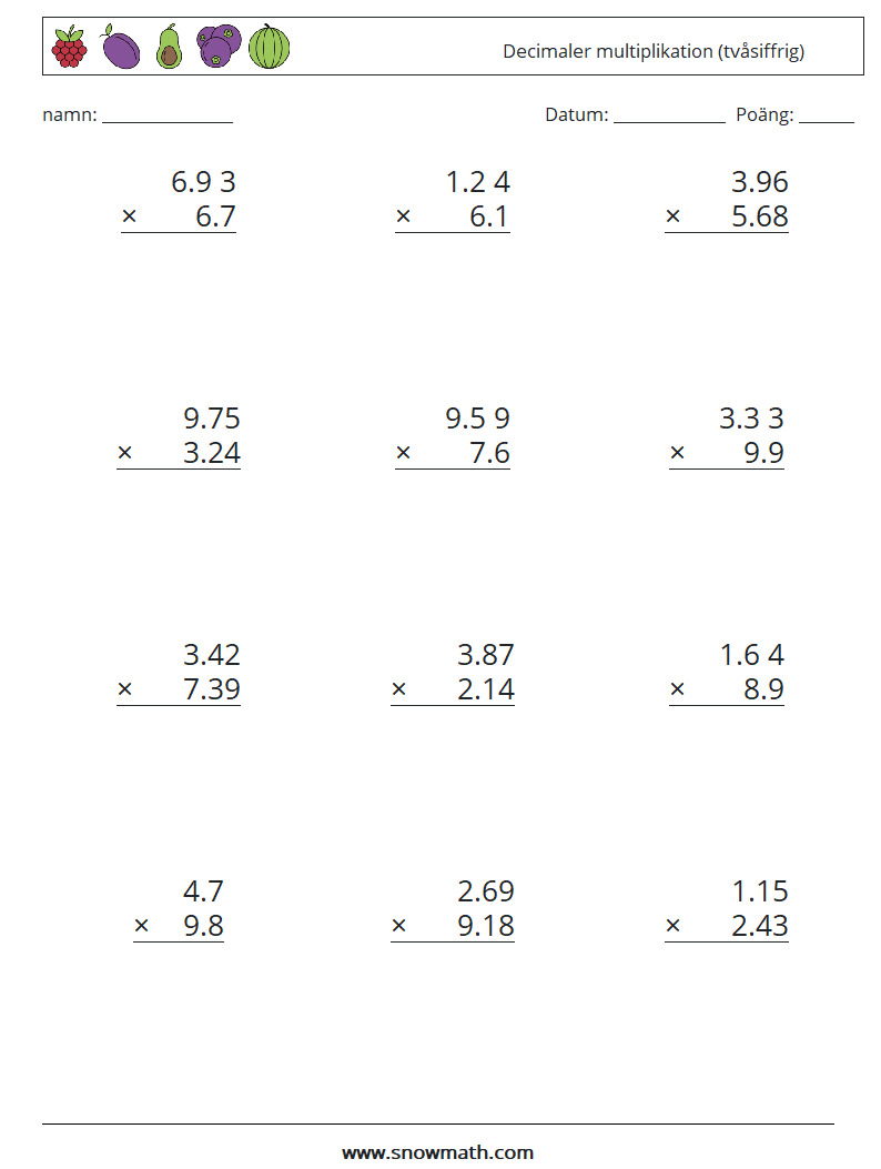 (12) Decimaler multiplikation (tvåsiffrig) Matematiska arbetsblad 10