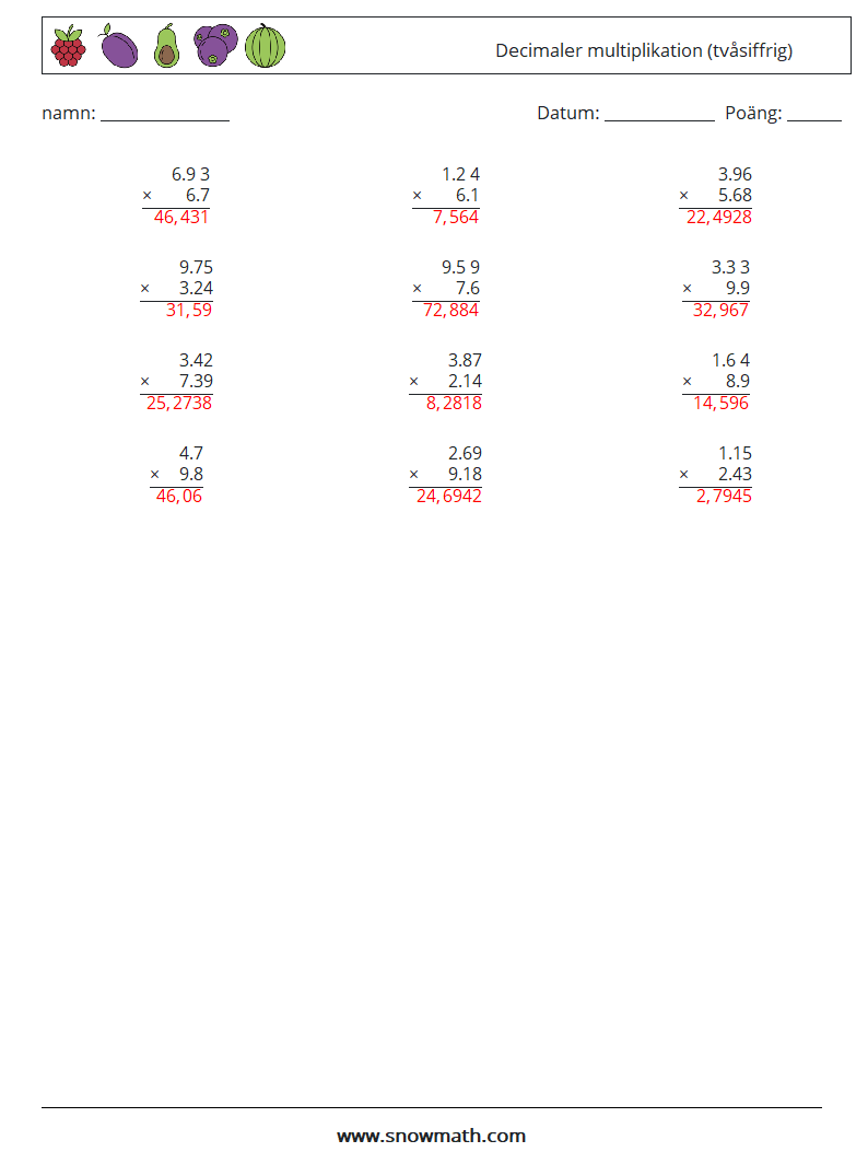 (12) Decimaler multiplikation (tvåsiffrig) Matematiska arbetsblad 10 Fråga, svar