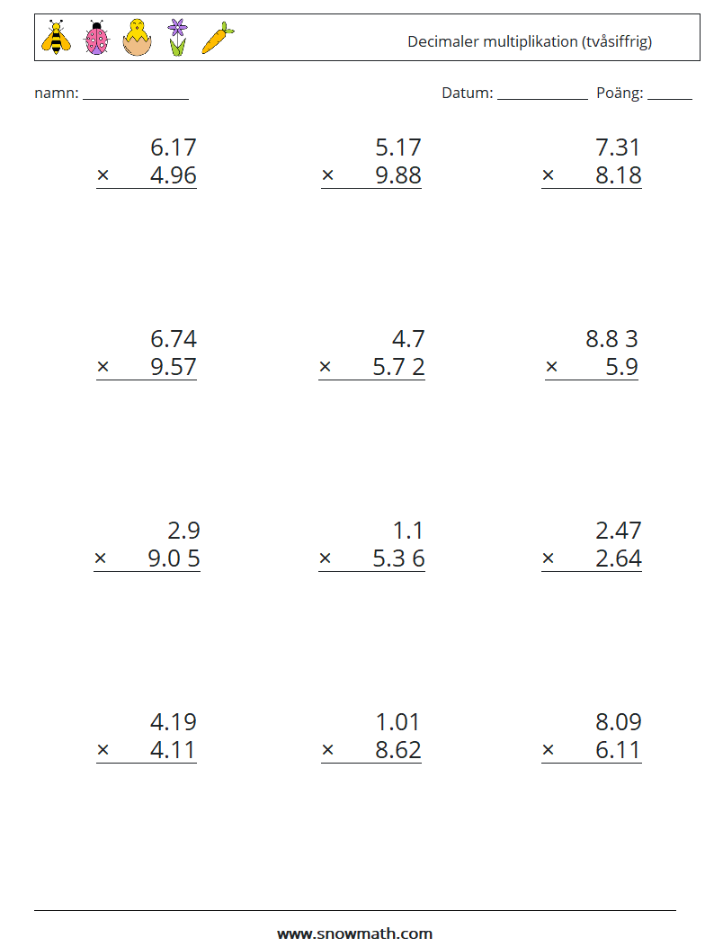 (12) Decimaler multiplikation (tvåsiffrig) Matematiska arbetsblad 11
