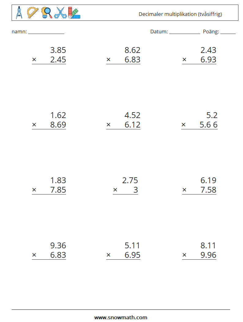 (12) Decimaler multiplikation (tvåsiffrig) Matematiska arbetsblad 12