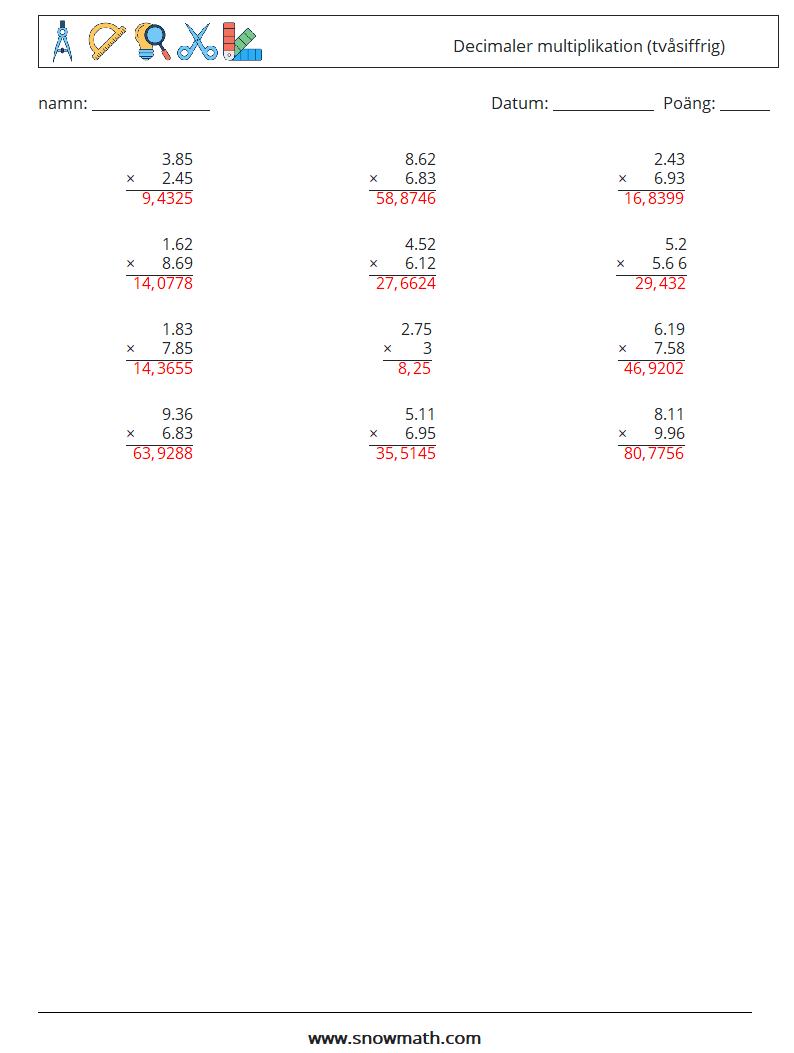 (12) Decimaler multiplikation (tvåsiffrig) Matematiska arbetsblad 12 Fråga, svar