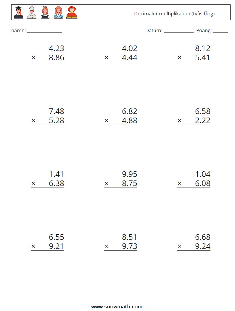 (12) Decimaler multiplikation (tvåsiffrig) Matematiska arbetsblad 13