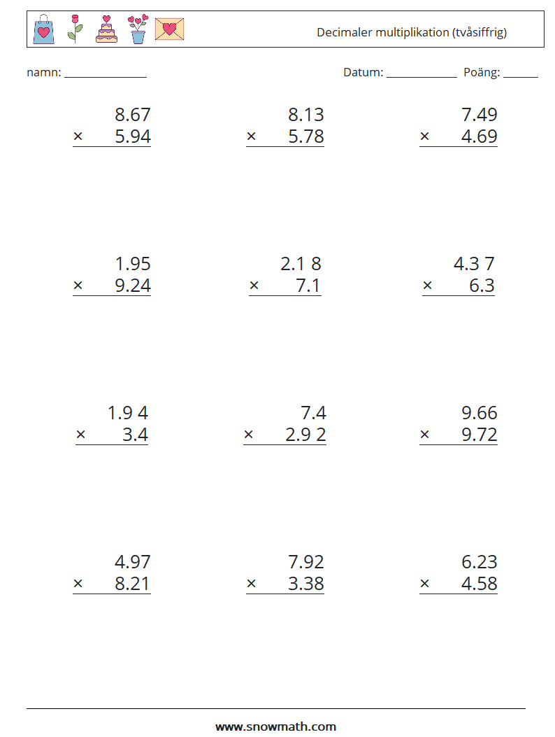 (12) Decimaler multiplikation (tvåsiffrig) Matematiska arbetsblad 14