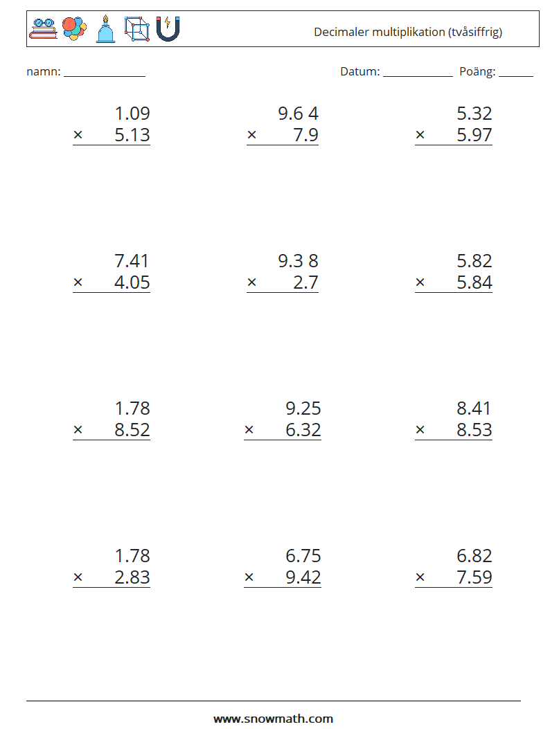 (12) Decimaler multiplikation (tvåsiffrig) Matematiska arbetsblad 15