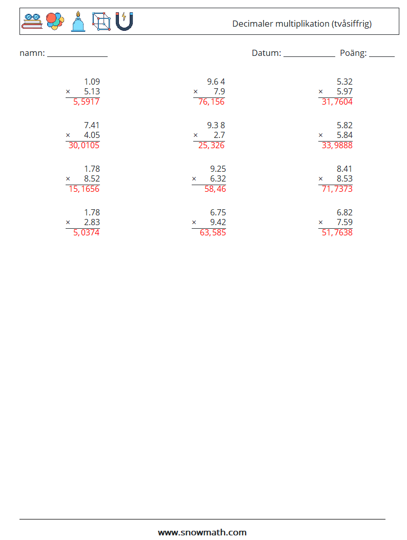 (12) Decimaler multiplikation (tvåsiffrig) Matematiska arbetsblad 15 Fråga, svar