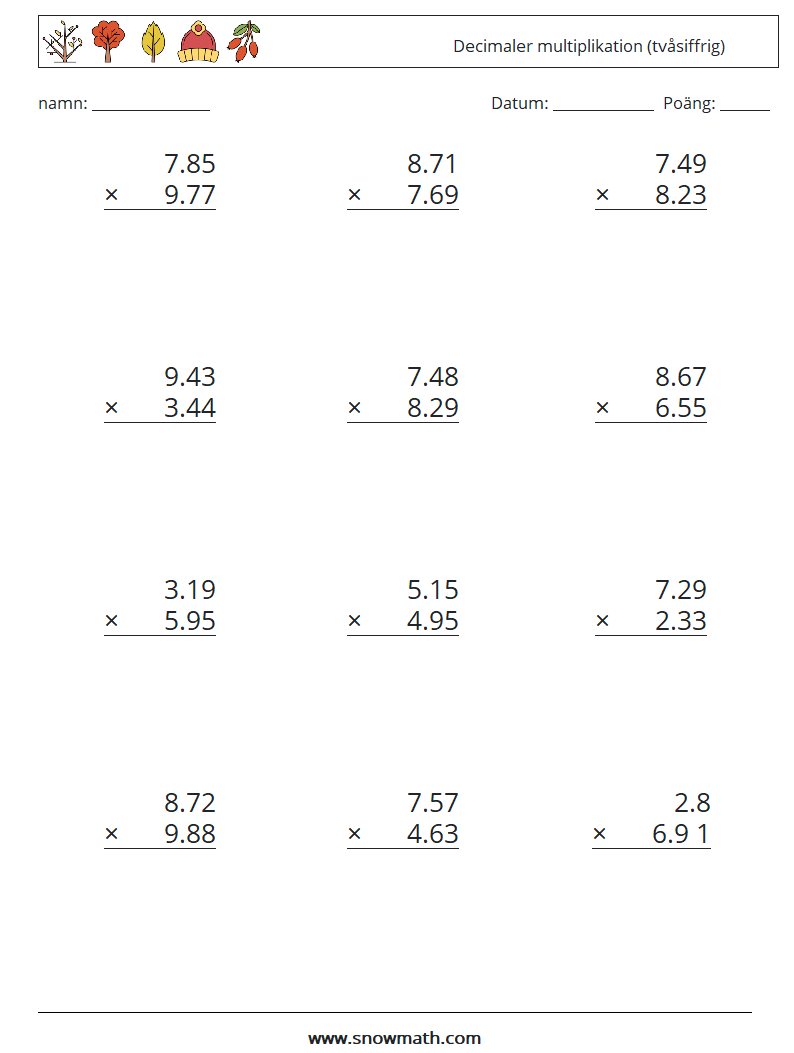 (12) Decimaler multiplikation (tvåsiffrig) Matematiska arbetsblad 16