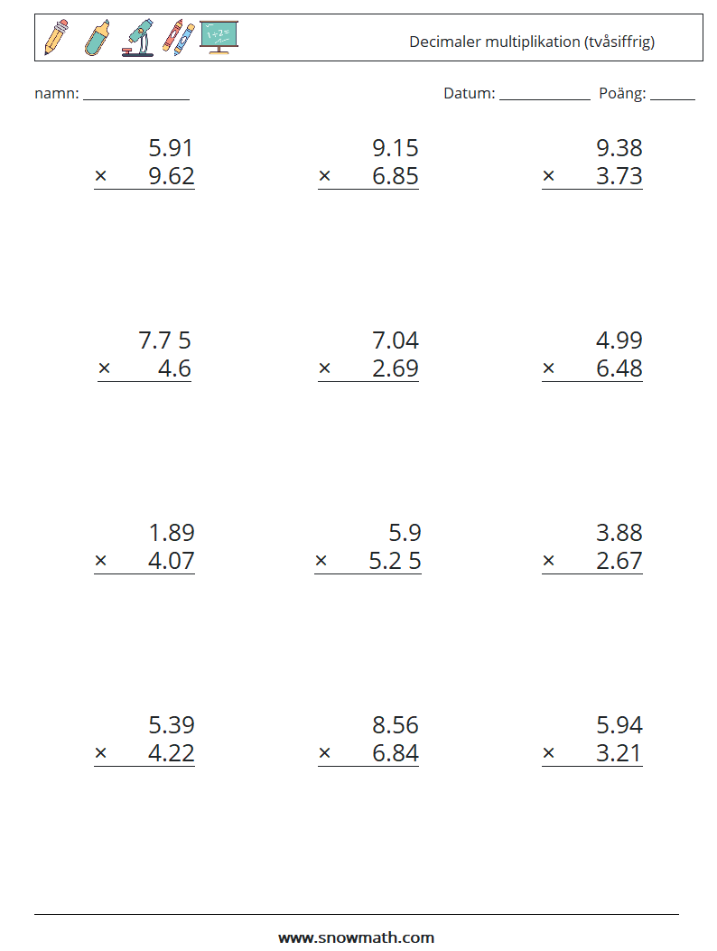 (12) Decimaler multiplikation (tvåsiffrig) Matematiska arbetsblad 17