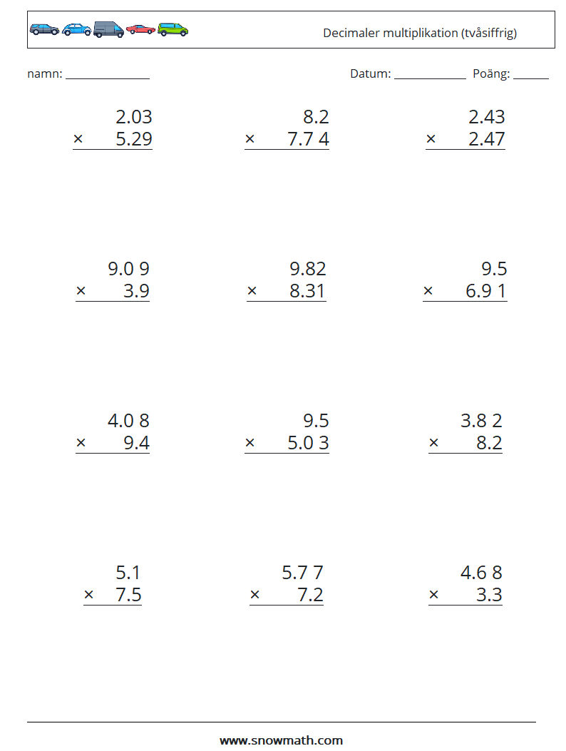 (12) Decimaler multiplikation (tvåsiffrig) Matematiska arbetsblad 18