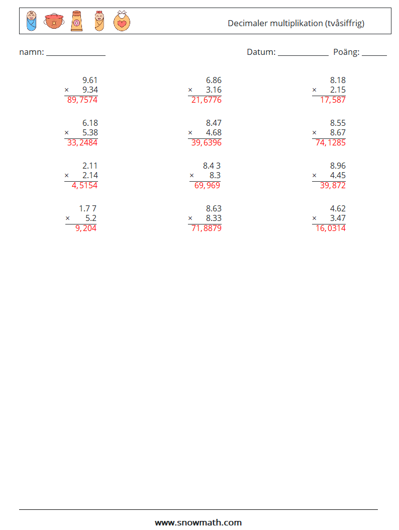 (12) Decimaler multiplikation (tvåsiffrig) Matematiska arbetsblad 1 Fråga, svar