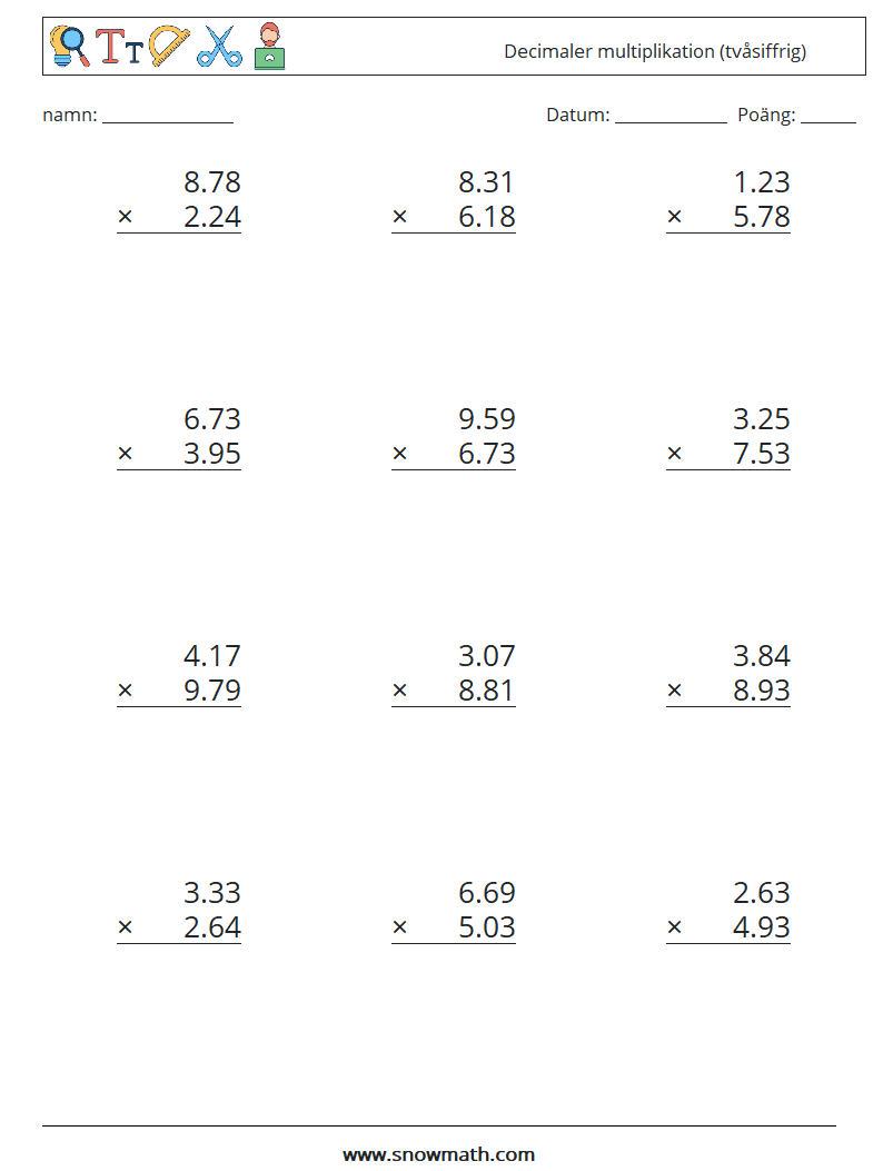 (12) Decimaler multiplikation (tvåsiffrig) Matematiska arbetsblad 2