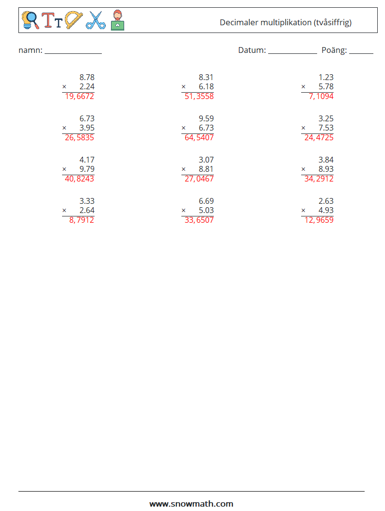 (12) Decimaler multiplikation (tvåsiffrig) Matematiska arbetsblad 2 Fråga, svar