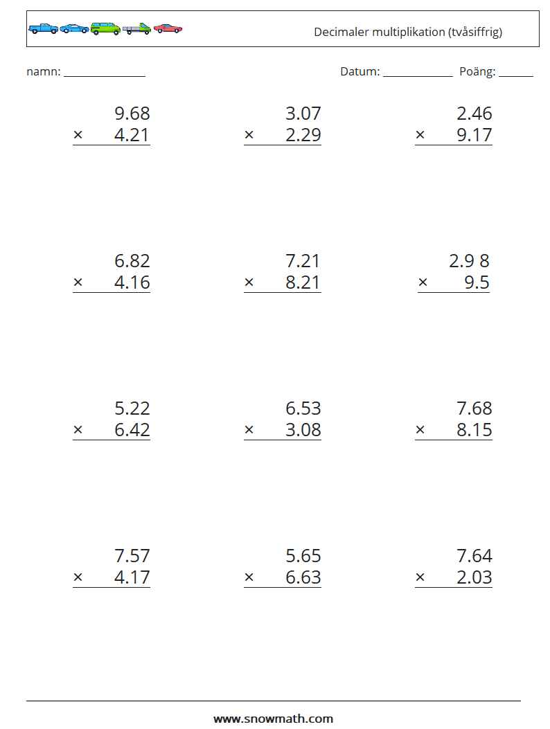 (12) Decimaler multiplikation (tvåsiffrig) Matematiska arbetsblad 3