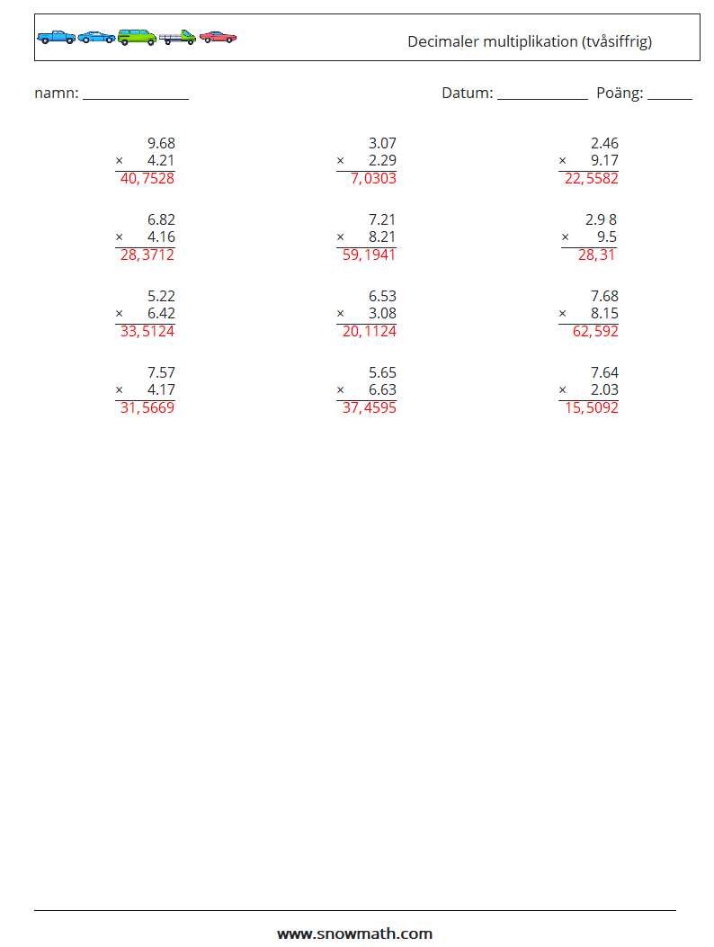 (12) Decimaler multiplikation (tvåsiffrig) Matematiska arbetsblad 3 Fråga, svar