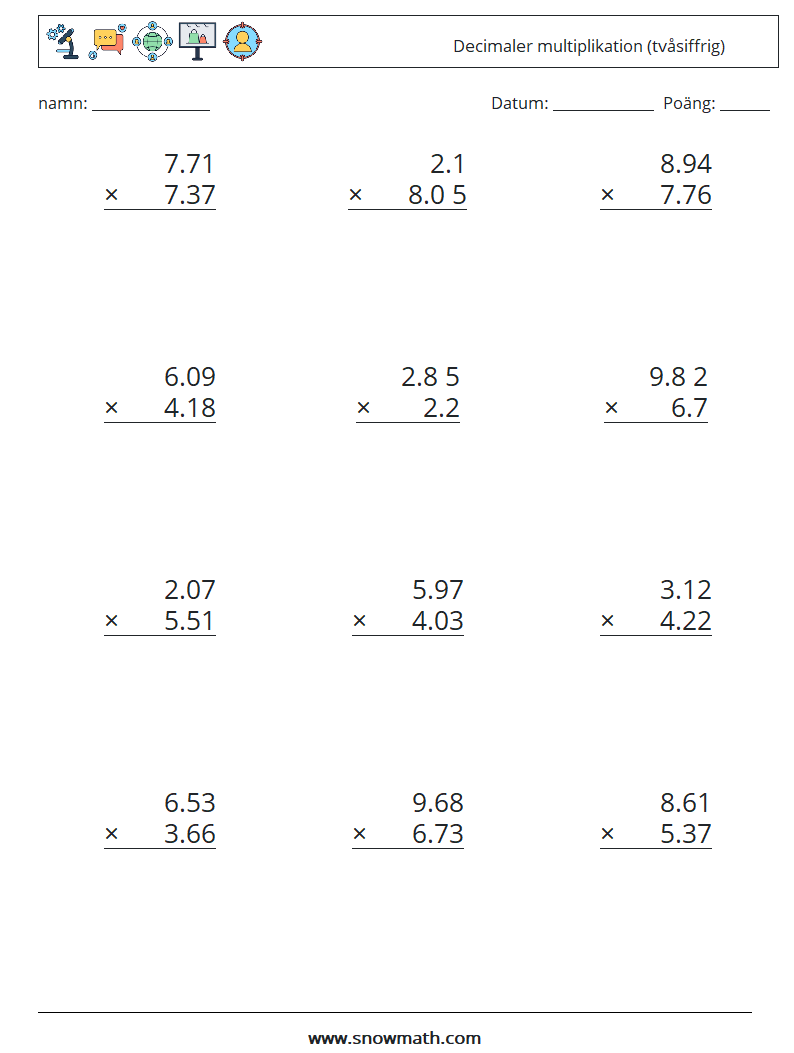 (12) Decimaler multiplikation (tvåsiffrig) Matematiska arbetsblad 4