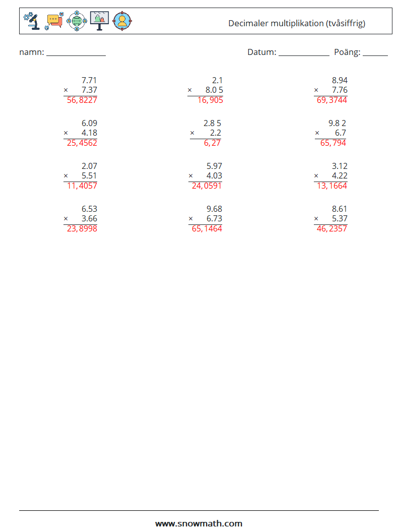 (12) Decimaler multiplikation (tvåsiffrig) Matematiska arbetsblad 4 Fråga, svar