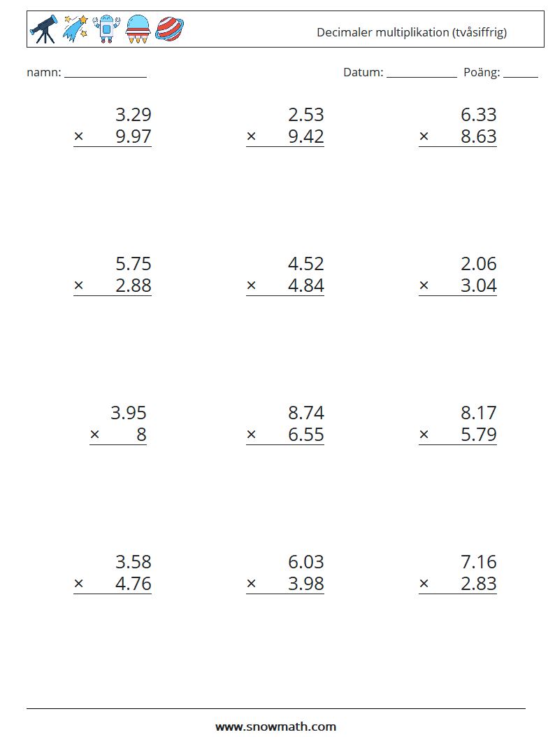 (12) Decimaler multiplikation (tvåsiffrig) Matematiska arbetsblad 5