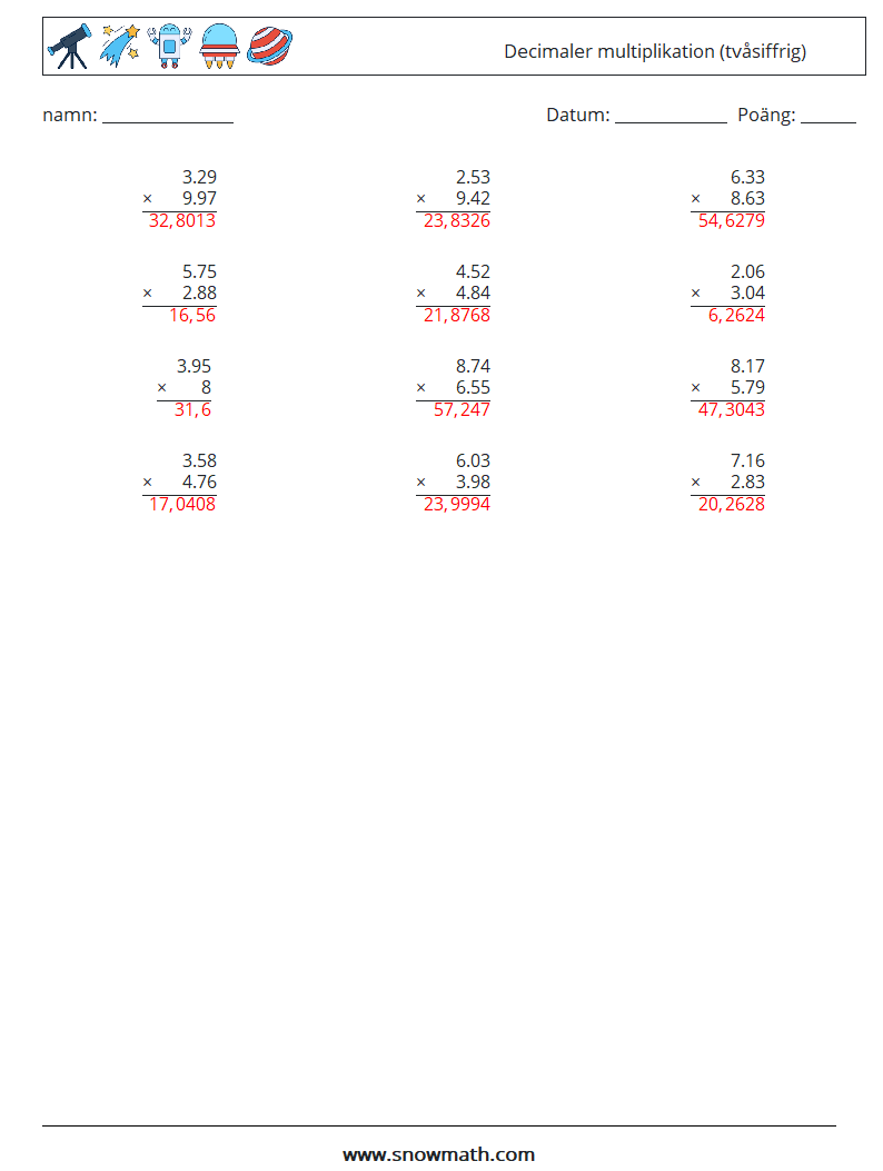 (12) Decimaler multiplikation (tvåsiffrig) Matematiska arbetsblad 5 Fråga, svar