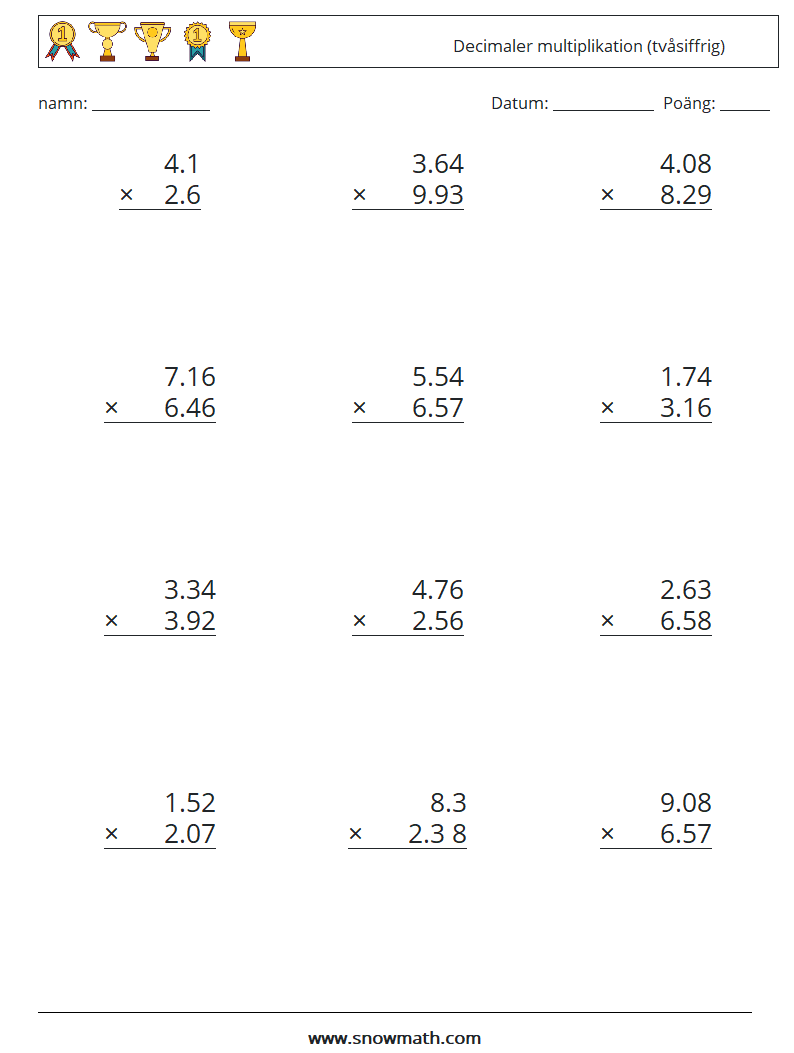 (12) Decimaler multiplikation (tvåsiffrig) Matematiska arbetsblad 6