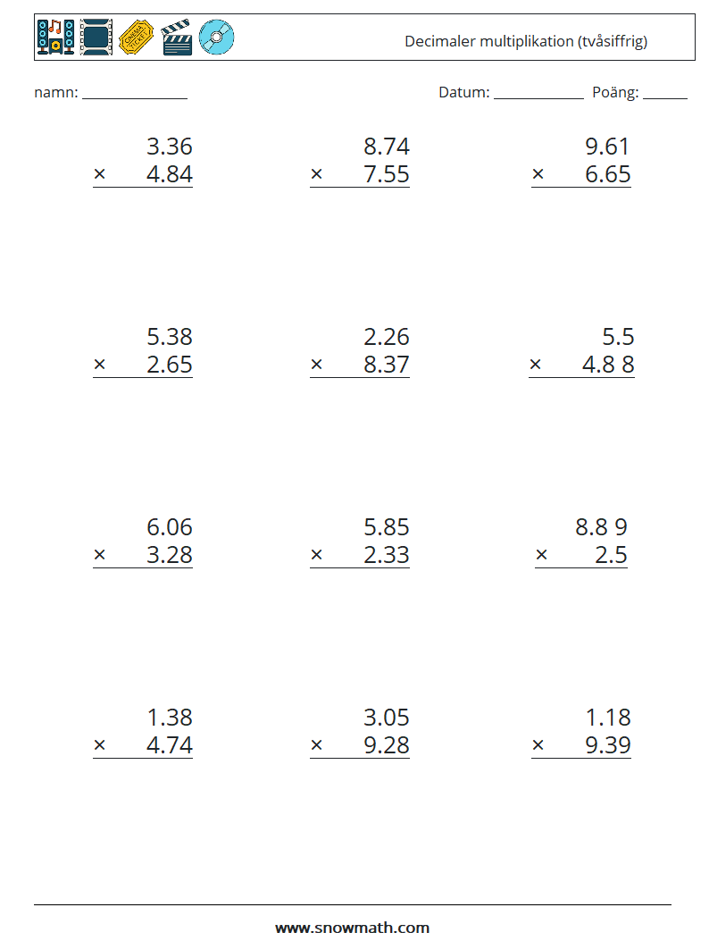 (12) Decimaler multiplikation (tvåsiffrig) Matematiska arbetsblad 7