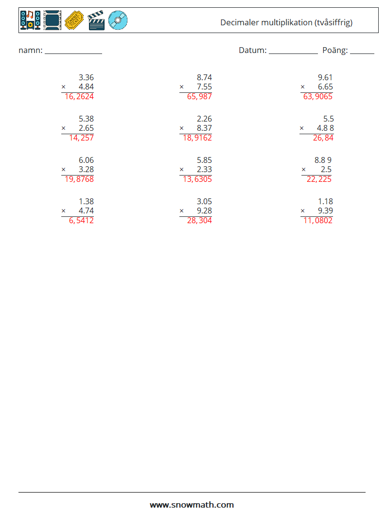 (12) Decimaler multiplikation (tvåsiffrig) Matematiska arbetsblad 7 Fråga, svar