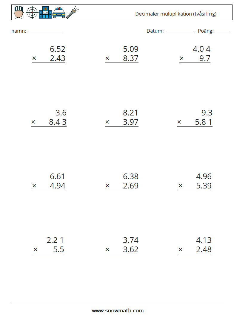 (12) Decimaler multiplikation (tvåsiffrig) Matematiska arbetsblad 9