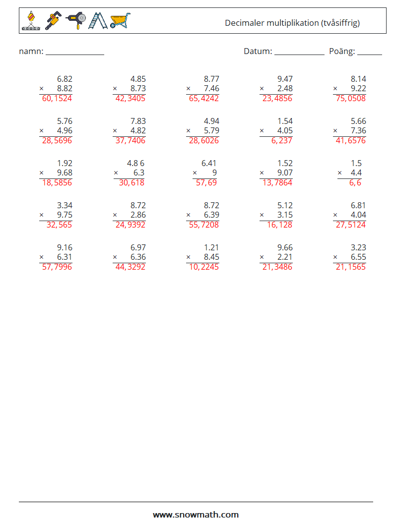 (25) Decimaler multiplikation (tvåsiffrig) Matematiska arbetsblad 10 Fråga, svar