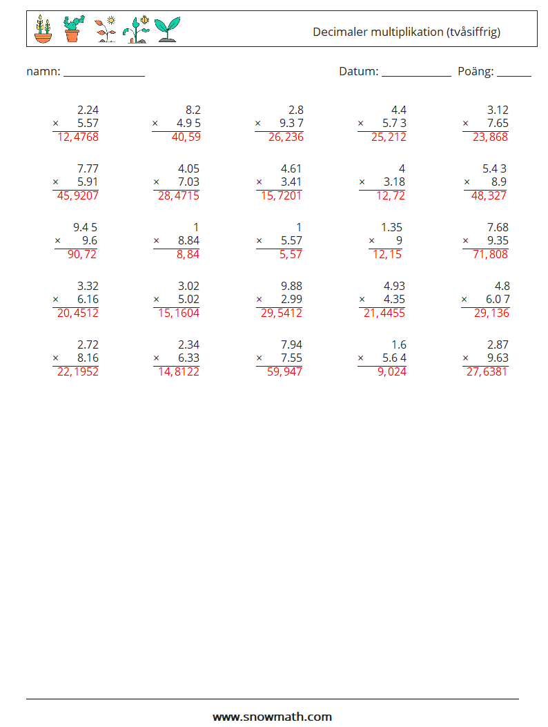 (25) Decimaler multiplikation (tvåsiffrig) Matematiska arbetsblad 11 Fråga, svar