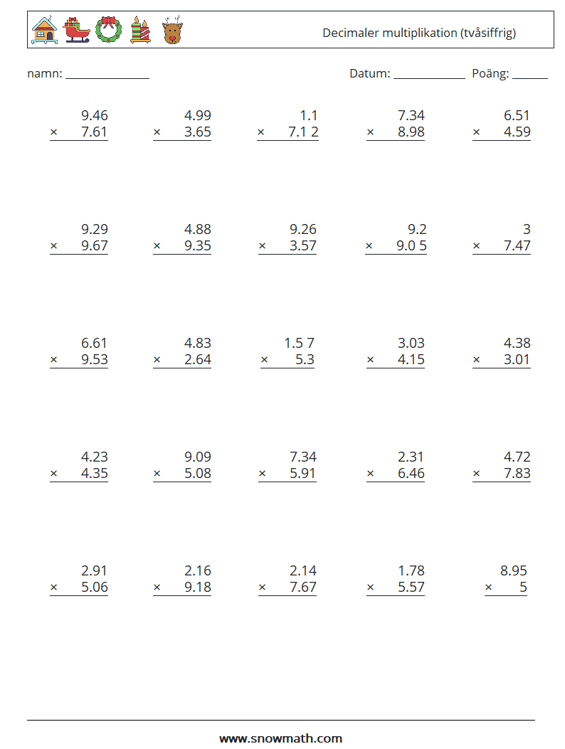 (25) Decimaler multiplikation (tvåsiffrig) Matematiska arbetsblad 12