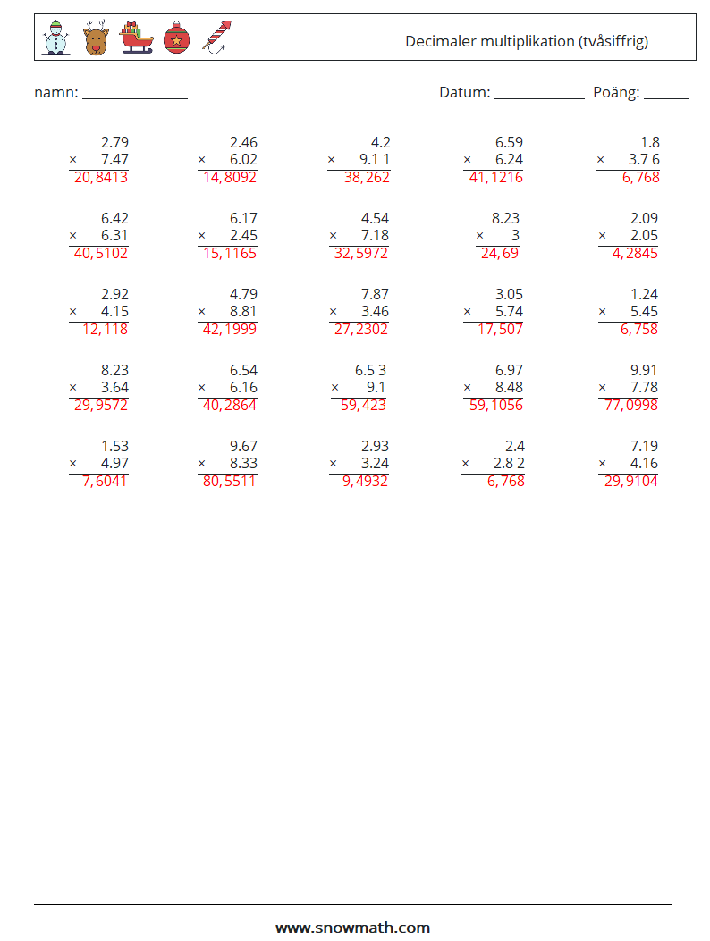 (25) Decimaler multiplikation (tvåsiffrig) Matematiska arbetsblad 13 Fråga, svar