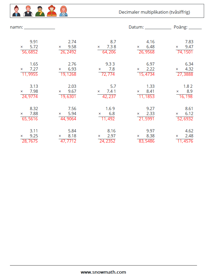 (25) Decimaler multiplikation (tvåsiffrig) Matematiska arbetsblad 14 Fråga, svar