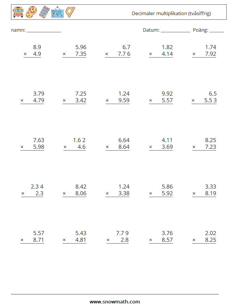 (25) Decimaler multiplikation (tvåsiffrig) Matematiska arbetsblad 15