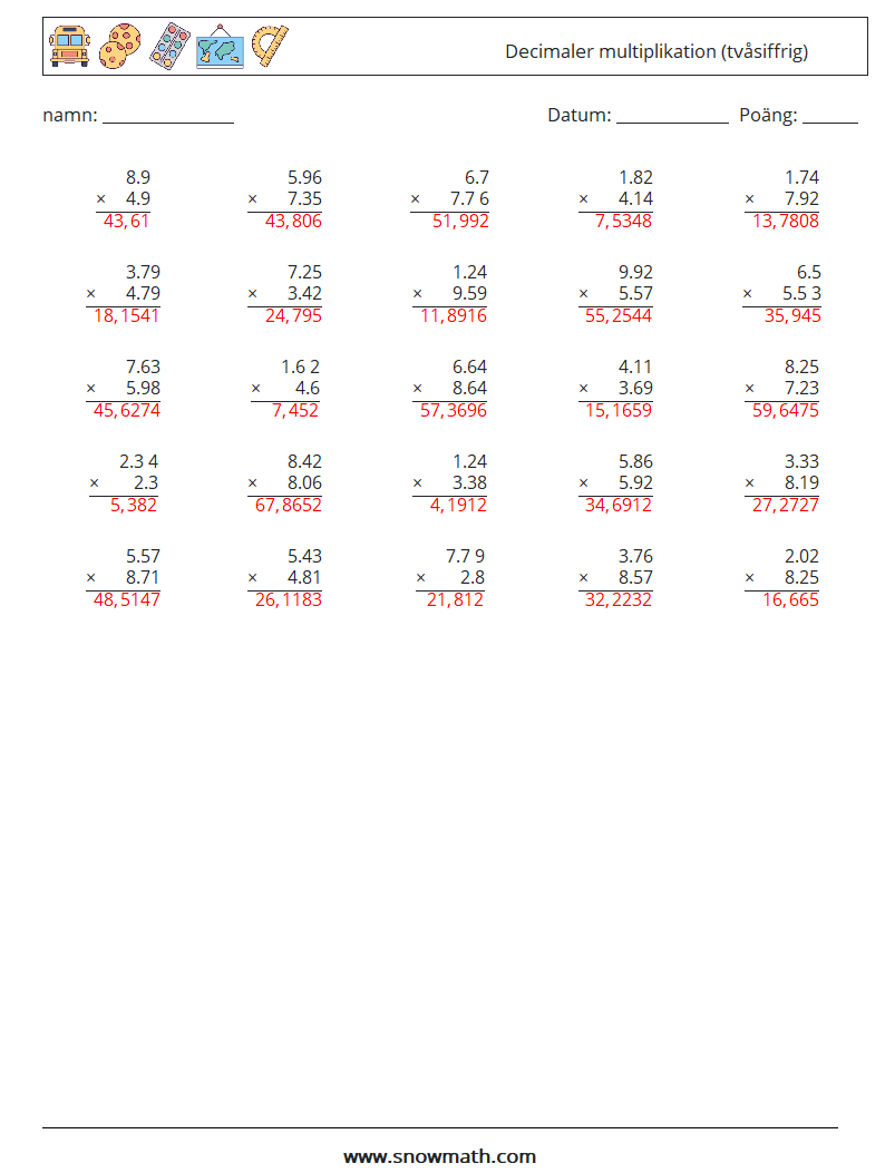 (25) Decimaler multiplikation (tvåsiffrig) Matematiska arbetsblad 15 Fråga, svar