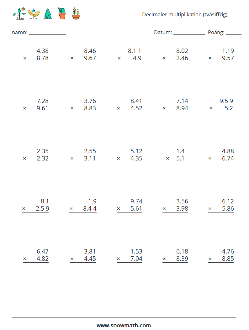 (25) Decimaler multiplikation (tvåsiffrig) Matematiska arbetsblad 16