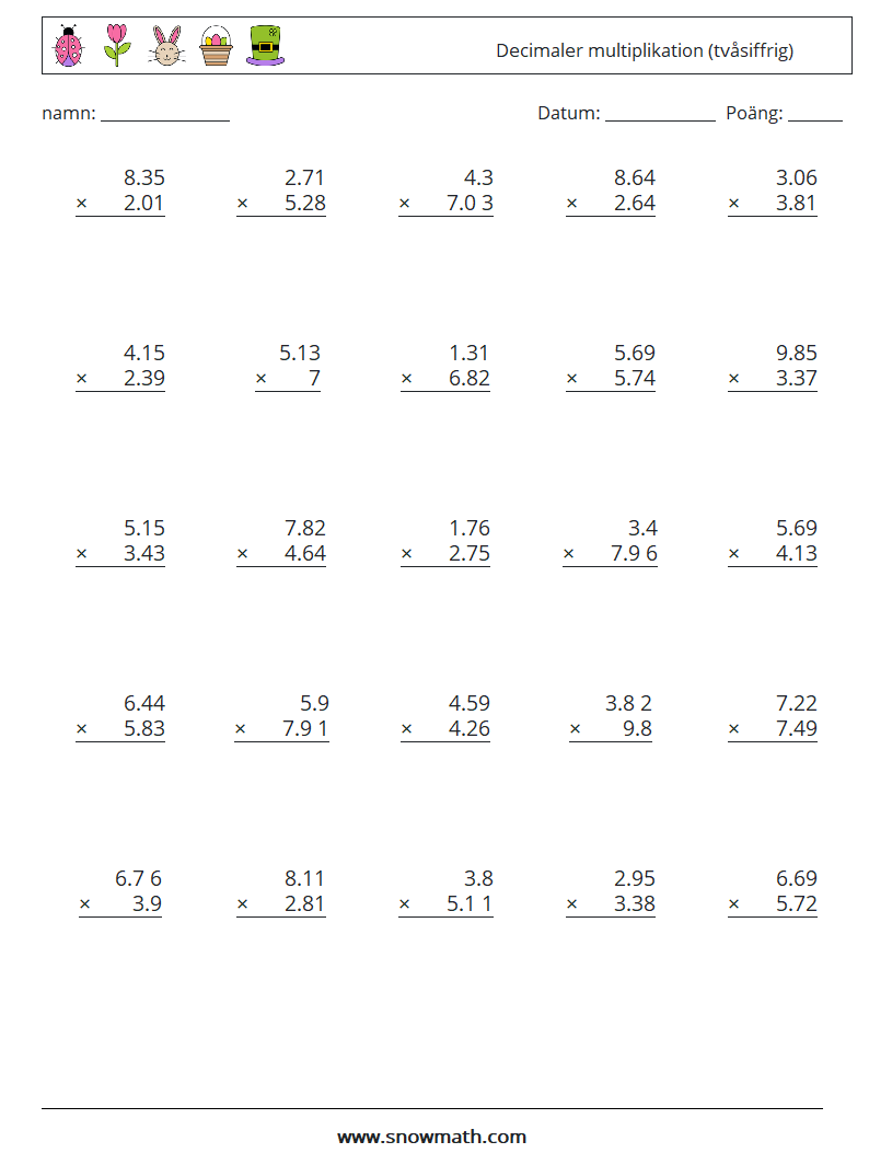 (25) Decimaler multiplikation (tvåsiffrig) Matematiska arbetsblad 17