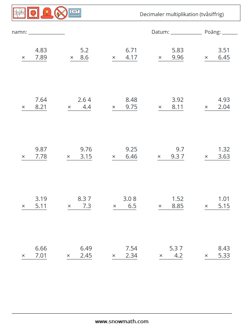 (25) Decimaler multiplikation (tvåsiffrig) Matematiska arbetsblad 18