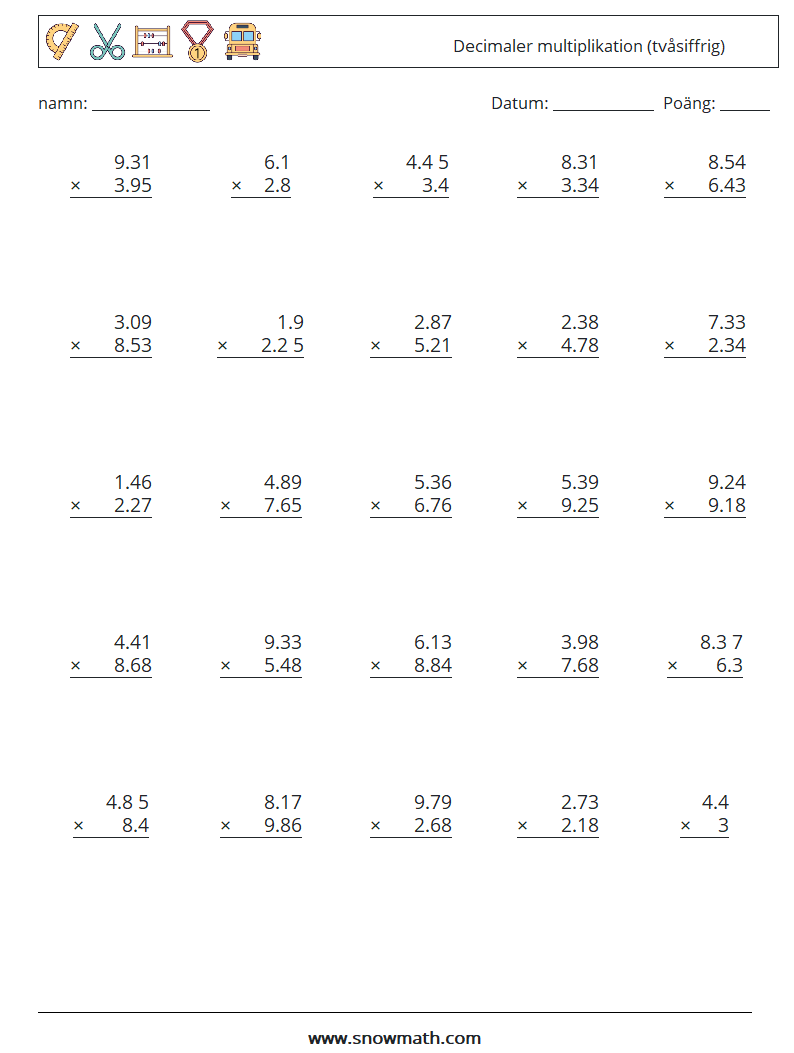 (25) Decimaler multiplikation (tvåsiffrig) Matematiska arbetsblad 2