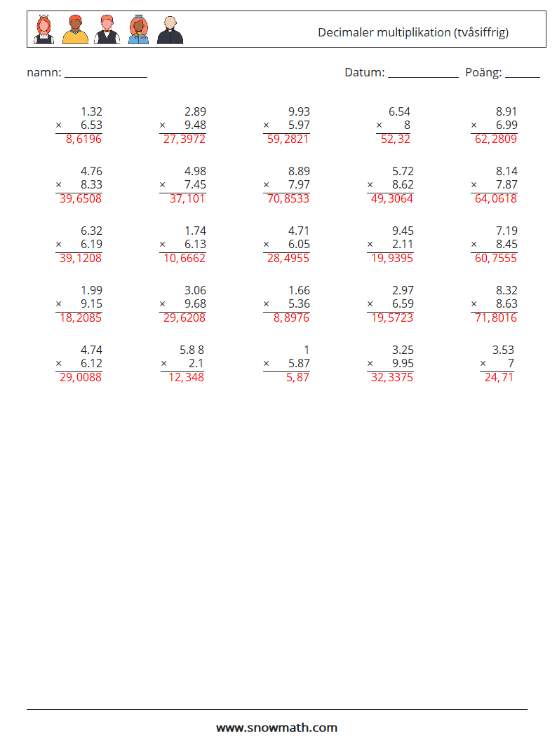 (25) Decimaler multiplikation (tvåsiffrig) Matematiska arbetsblad 3 Fråga, svar