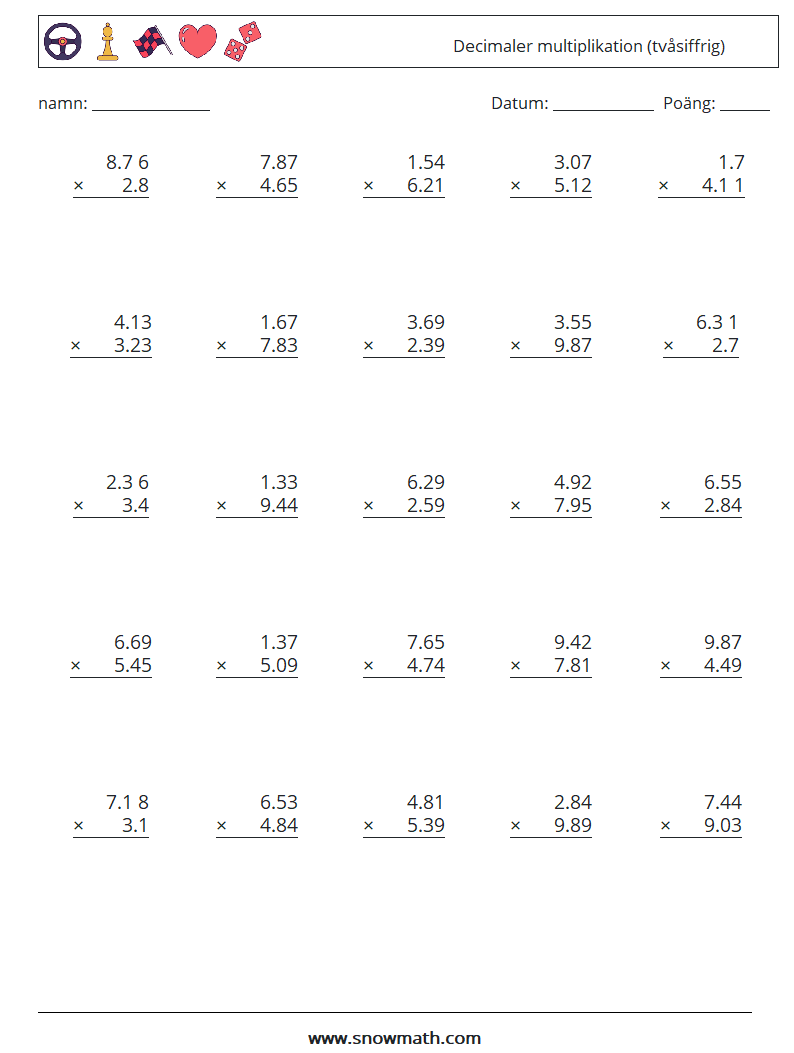 (25) Decimaler multiplikation (tvåsiffrig) Matematiska arbetsblad 4