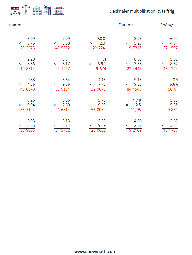 (25) Decimaler multiplikation (tvåsiffrig) Matematiska arbetsblad 5 Fråga, svar