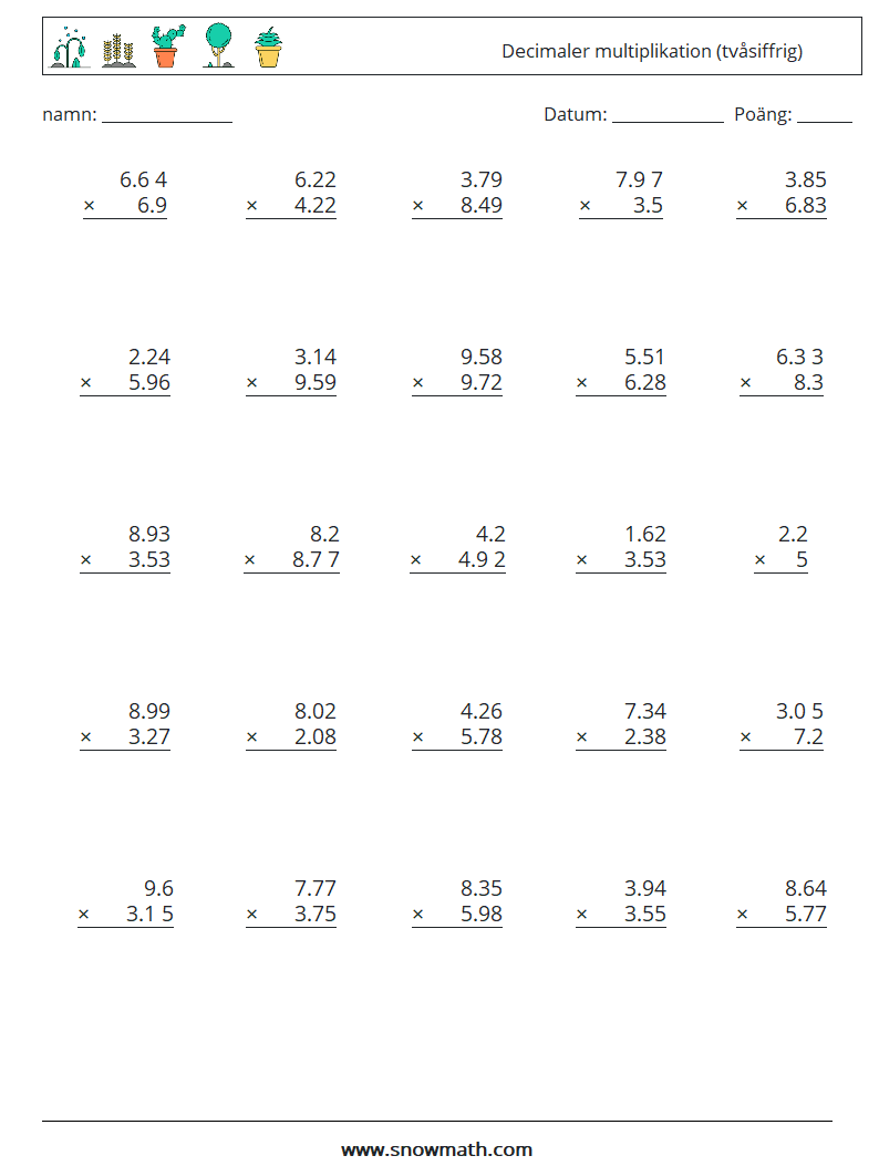 (25) Decimaler multiplikation (tvåsiffrig) Matematiska arbetsblad 7