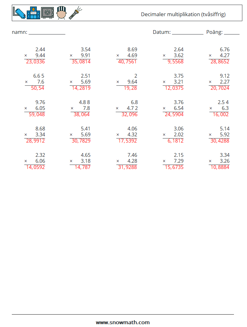 (25) Decimaler multiplikation (tvåsiffrig) Matematiska arbetsblad 8 Fråga, svar