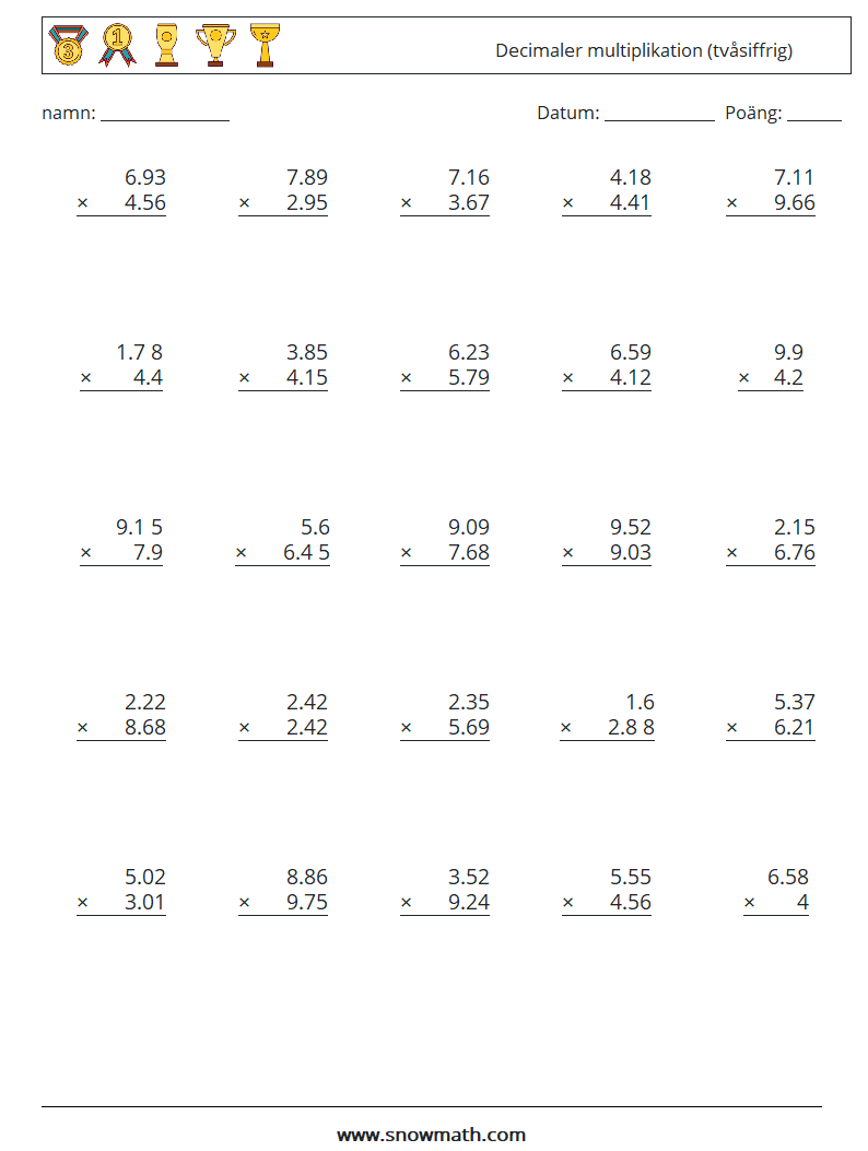 (25) Decimaler multiplikation (tvåsiffrig) Matematiska arbetsblad 9