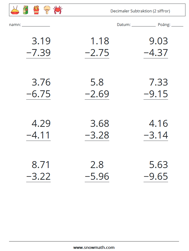 (12) Decimaler Subtraktion (2 siffror) Matematiska arbetsblad 1