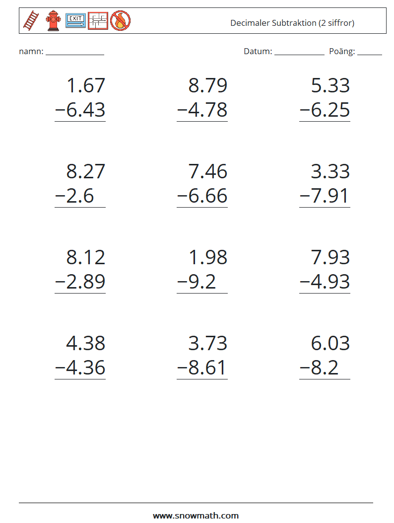 (12) Decimaler Subtraktion (2 siffror) Matematiska arbetsblad 10