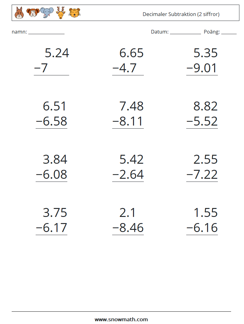 (12) Decimaler Subtraktion (2 siffror) Matematiska arbetsblad 11