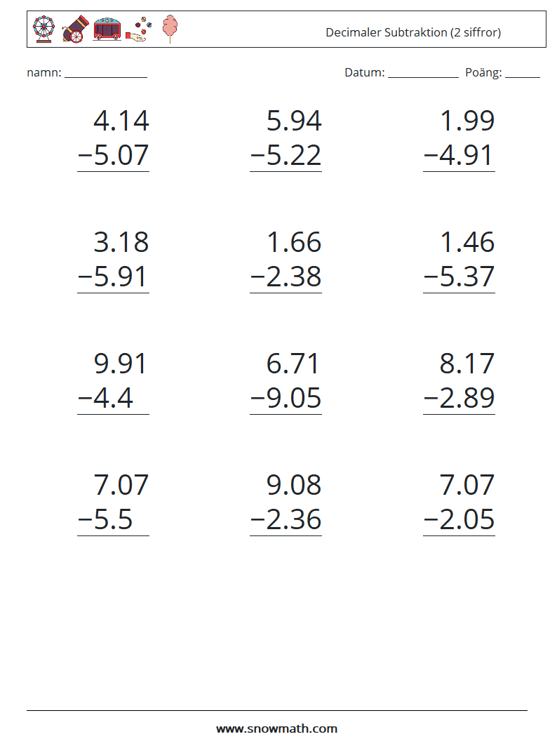 (12) Decimaler Subtraktion (2 siffror) Matematiska arbetsblad 12