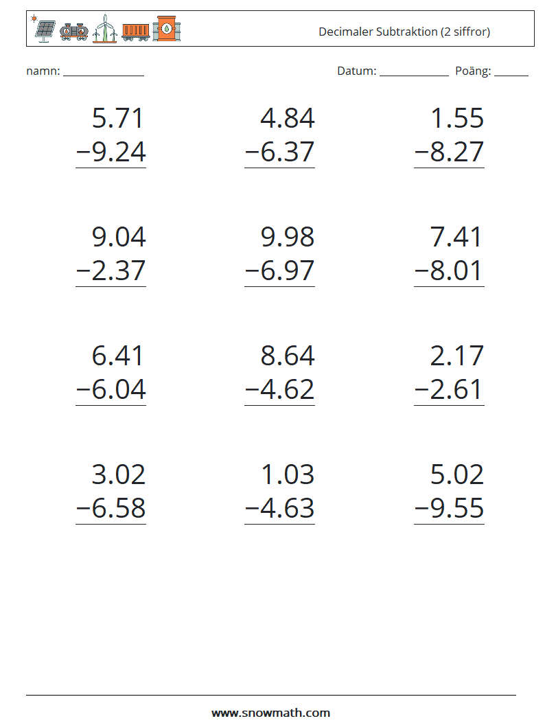 (12) Decimaler Subtraktion (2 siffror) Matematiska arbetsblad 13