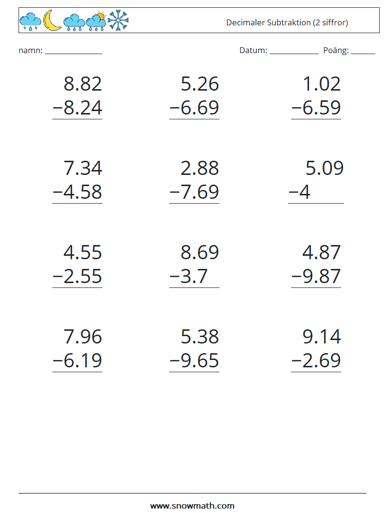 (12) Decimaler Subtraktion (2 siffror) Matematiska arbetsblad 14